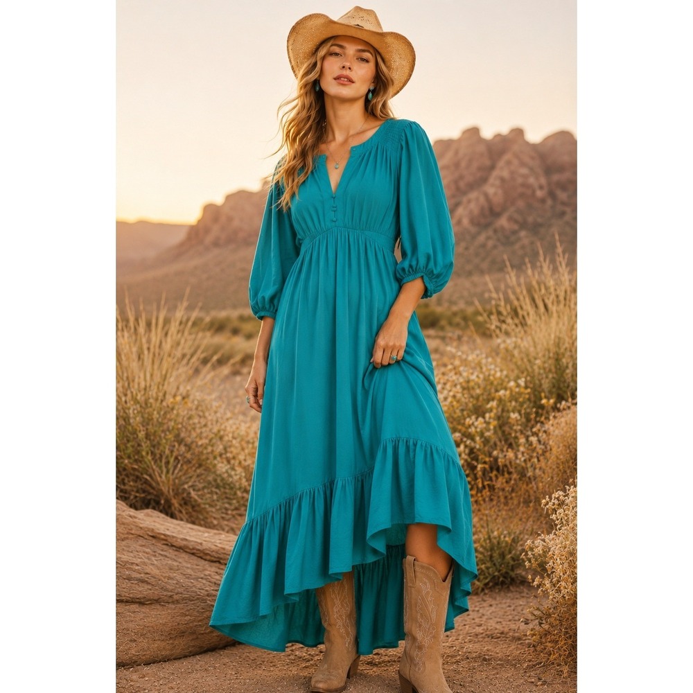 Umgee Teal Ruffle Midi Dress S Puff Sleeve Boho Cottage Peasant Country Cowgirl